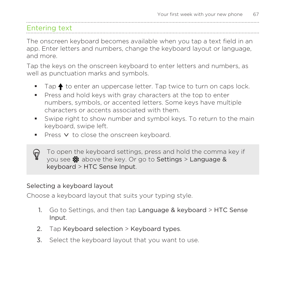 Entering text, Selecting a keyboard layout | HTC One Remix User Manual | Page 67 / 285