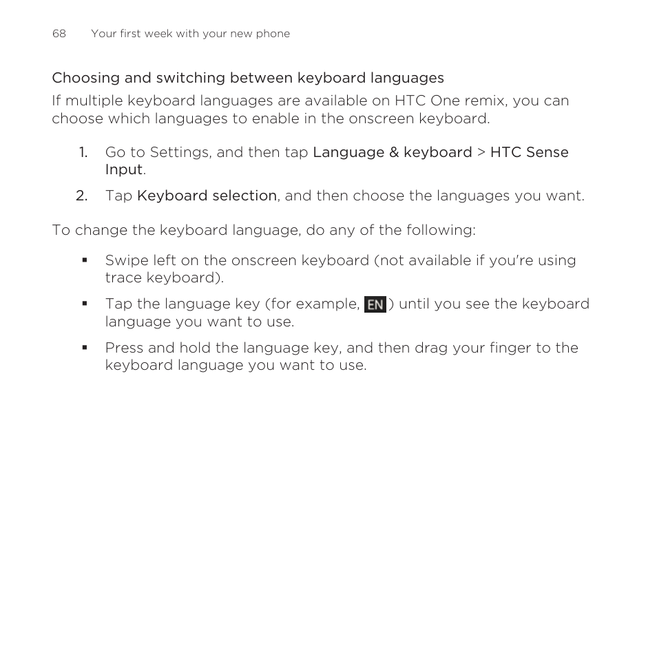 Choosing and switching between keyboard languages | HTC One Remix User Manual | Page 68 / 285