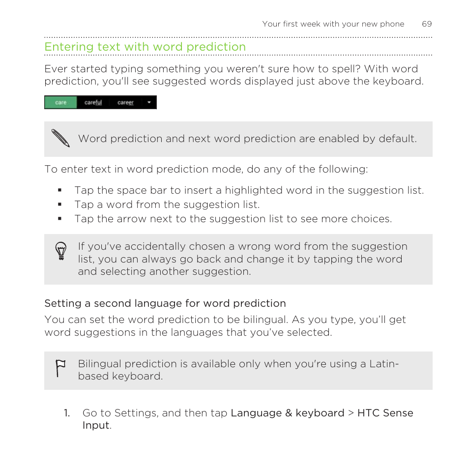 Entering text with word prediction, Setting a second language for word prediction | HTC One Remix User Manual | Page 69 / 285