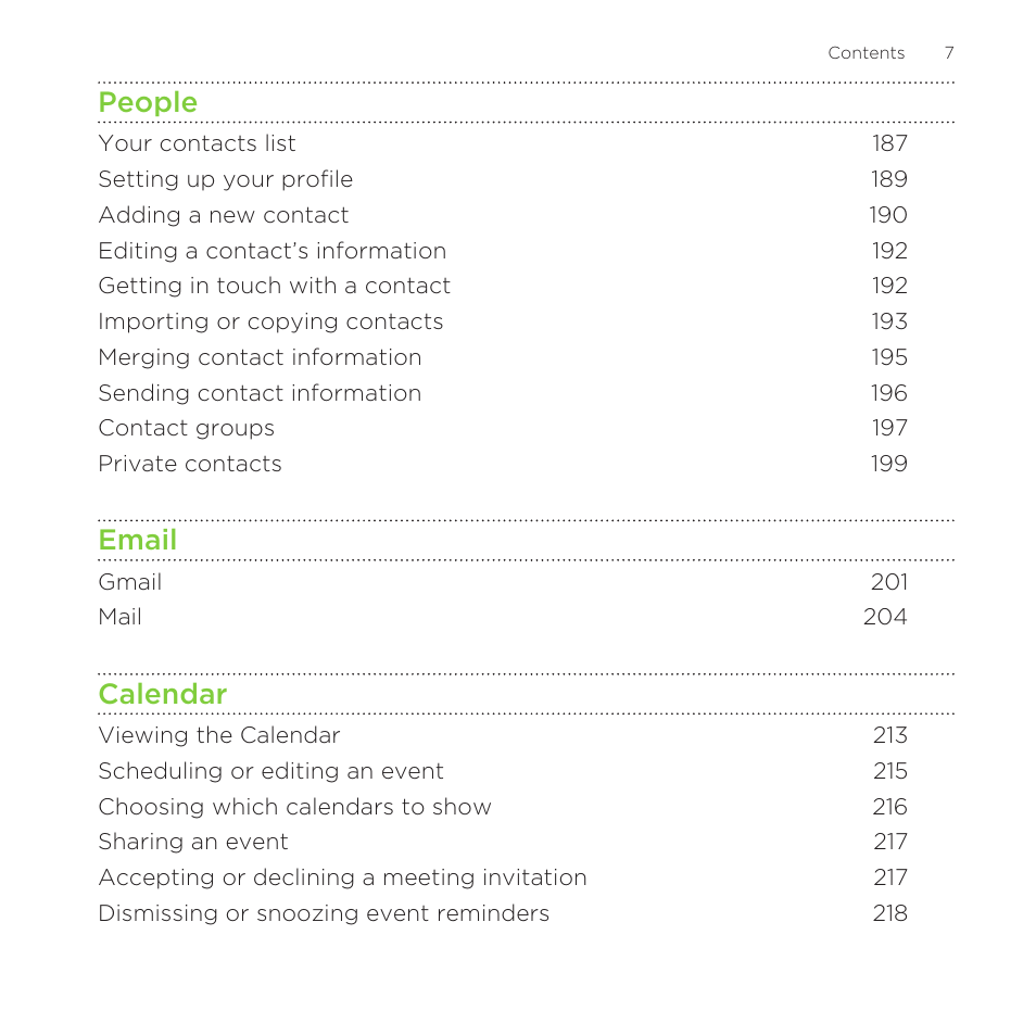 People, Email, Calendar | HTC One Remix User Manual | Page 7 / 285