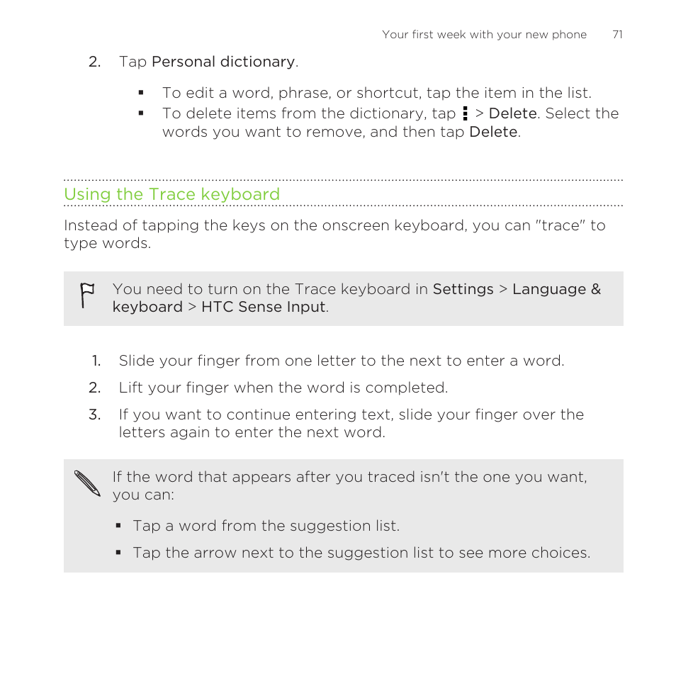 Using the trace keyboard, Your finger from one letter to another. see, Using the trace | Keyboard | HTC One Remix User Manual | Page 71 / 285