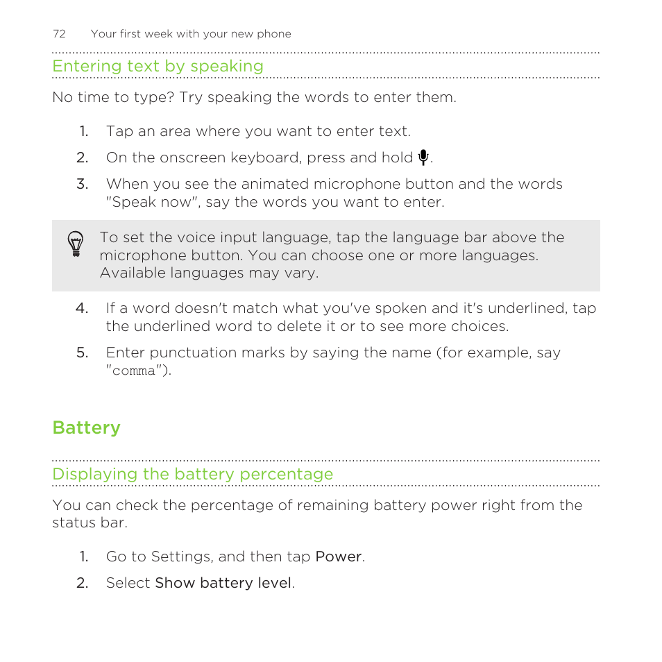 Entering text by speaking, Battery, Displaying the battery percentage | HTC One Remix User Manual | Page 72 / 285