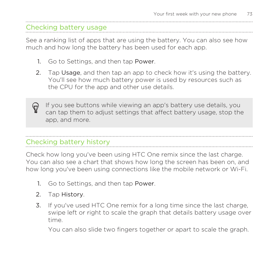 Checking battery usage, Checking battery history | HTC One Remix User Manual | Page 73 / 285