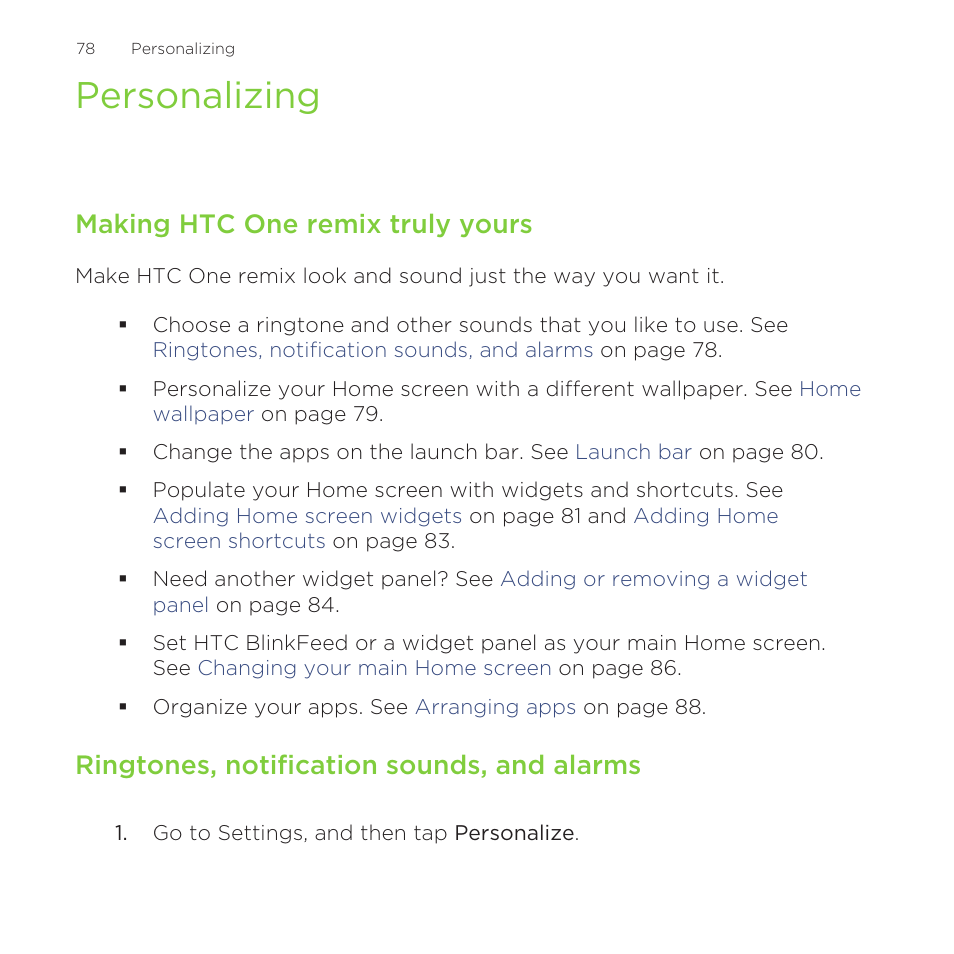 Personalizing, Making htc one remix truly yours, Ringtones, notification sounds, and alarms | HTC One Remix User Manual | Page 78 / 285