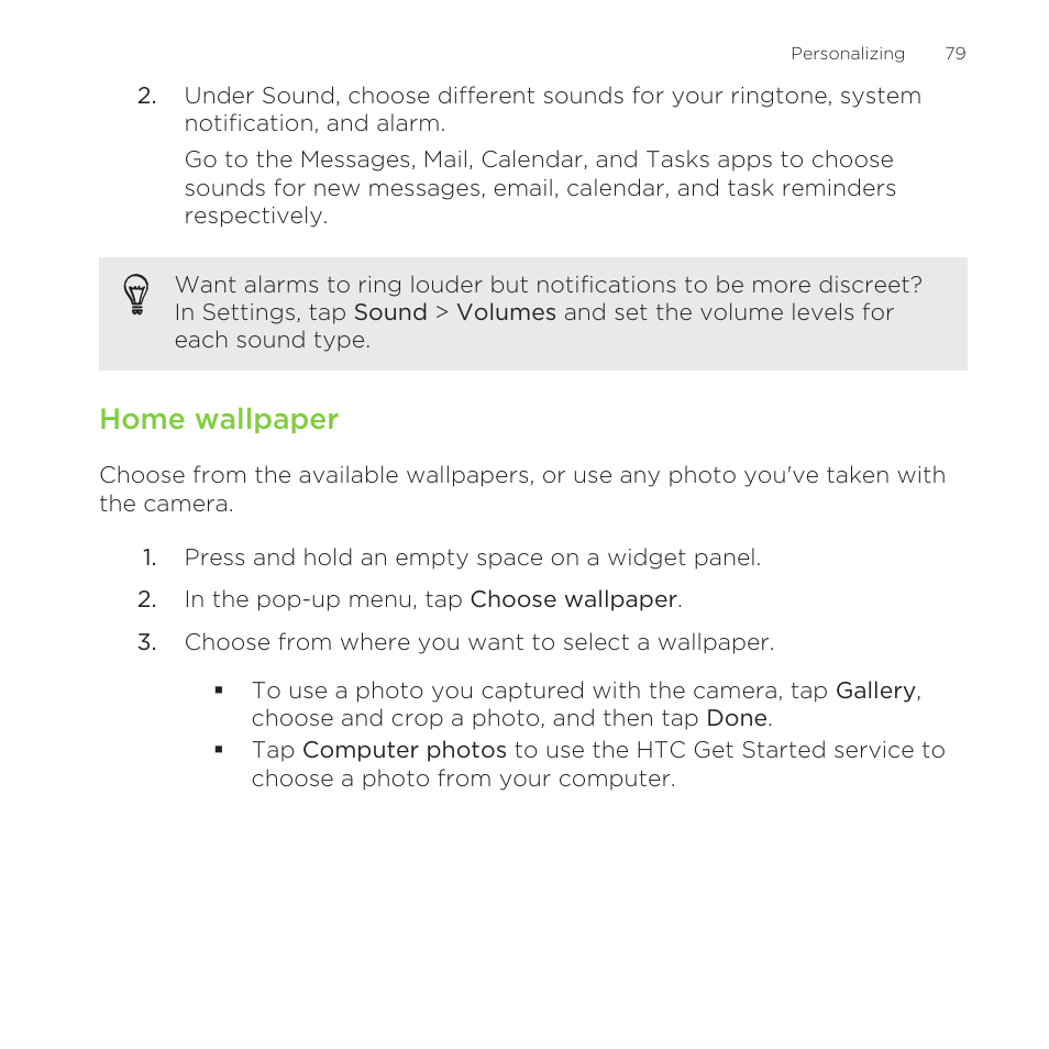 Home wallpaper, Home, Wallpaper | HTC One Remix User Manual | Page 79 / 285