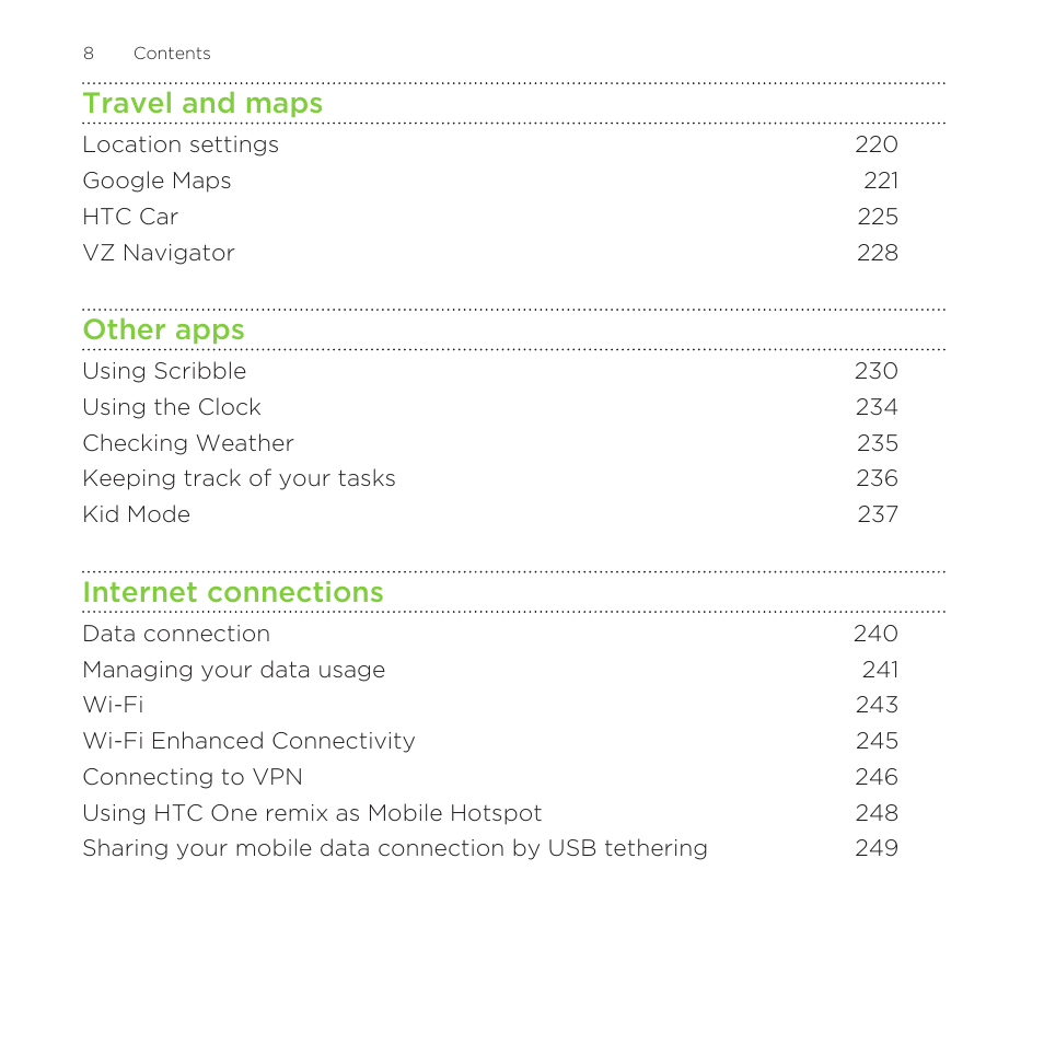Travel and maps, Other apps, Internet connections | HTC One Remix User Manual | Page 8 / 285