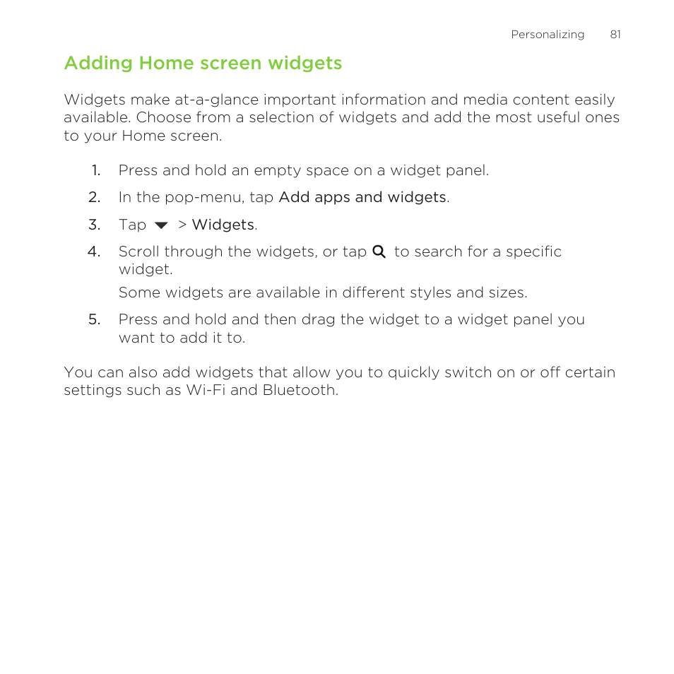 Adding home screen widgets | HTC One Remix User Manual | Page 81 / 285