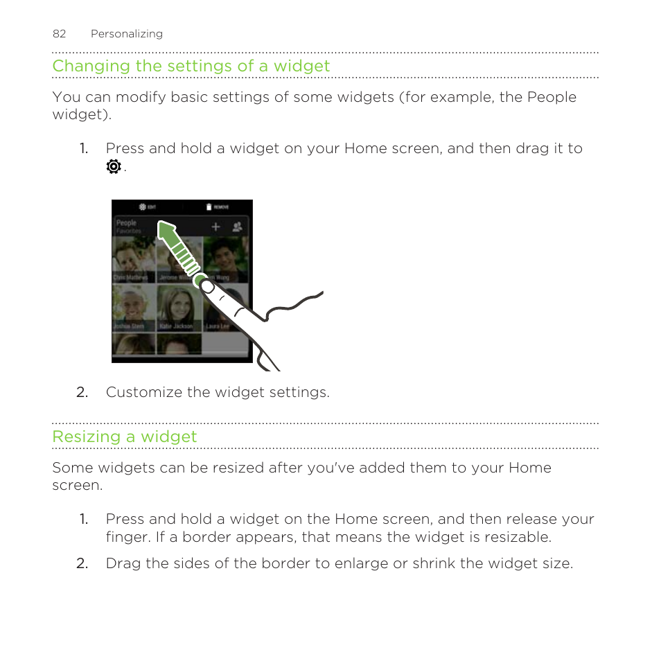 Changing the settings of a widget, Resizing a widget | HTC One Remix User Manual | Page 82 / 285