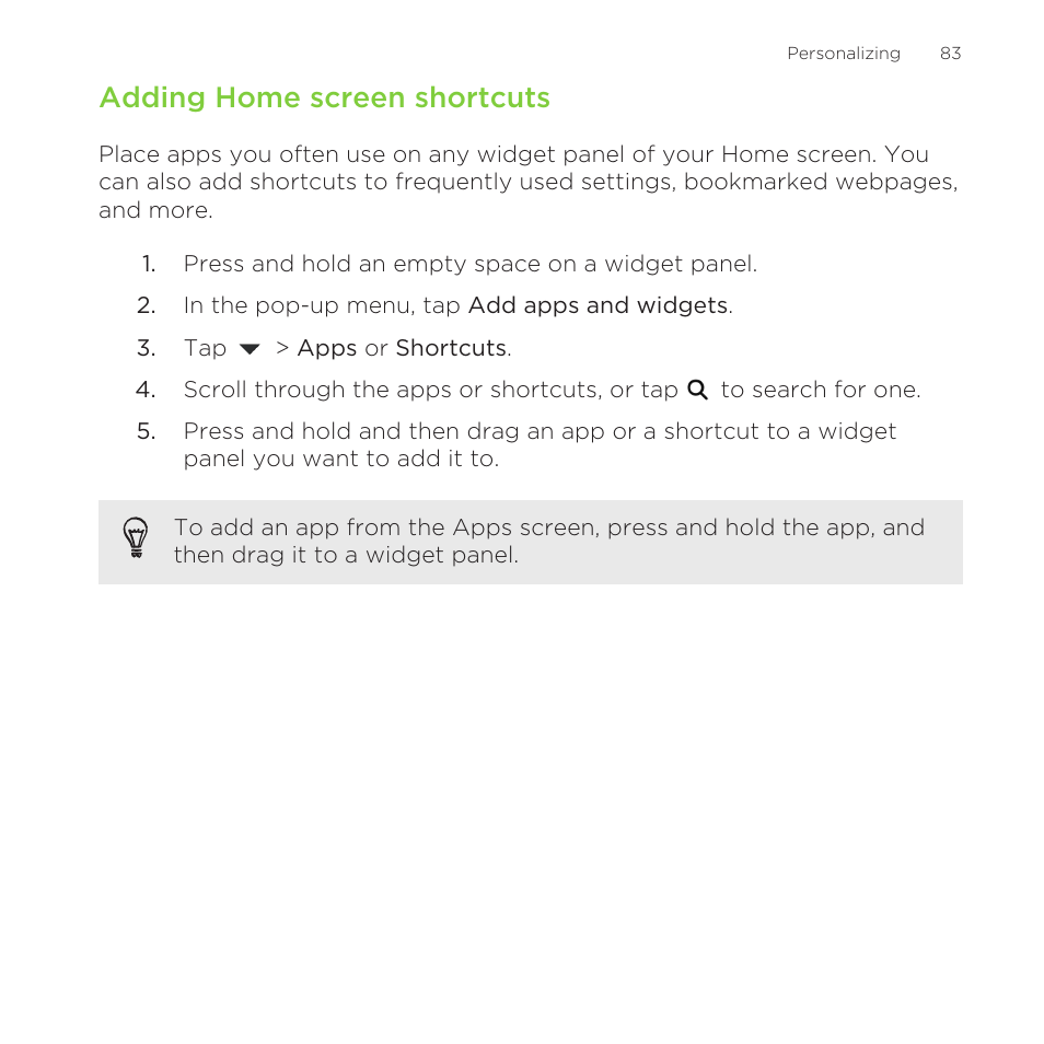 Adding home screen shortcuts, Adding home, Screen shortcuts | HTC One Remix User Manual | Page 83 / 285