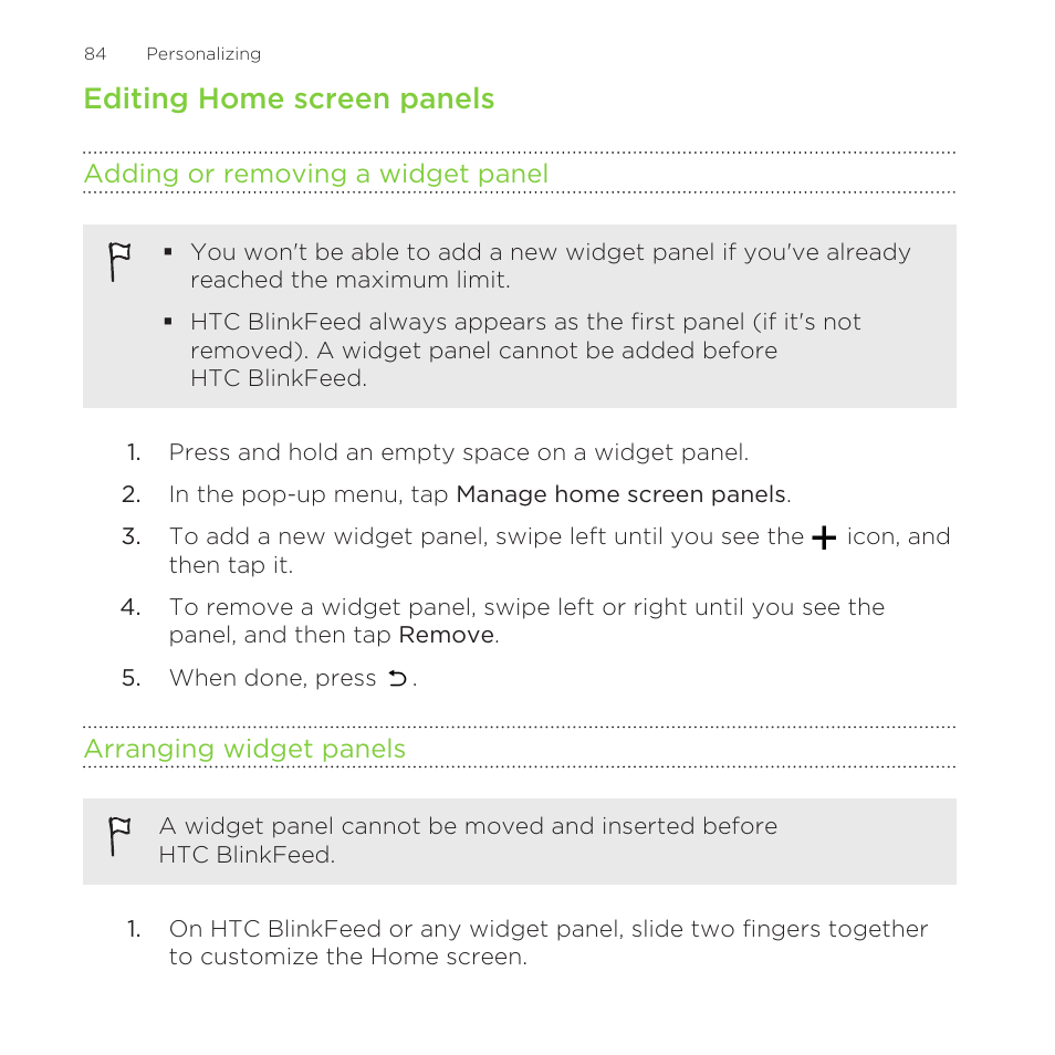 Editing home screen panels, Adding or removing a widget panel, Arranging widget panels | Adding or removing a widget, Panel | HTC One Remix User Manual | Page 84 / 285