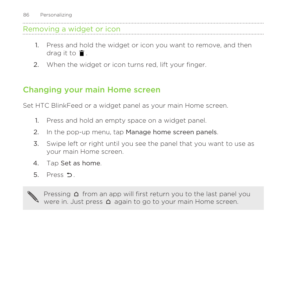 Removing a widget or icon, Changing your main home screen | HTC One Remix User Manual | Page 86 / 285