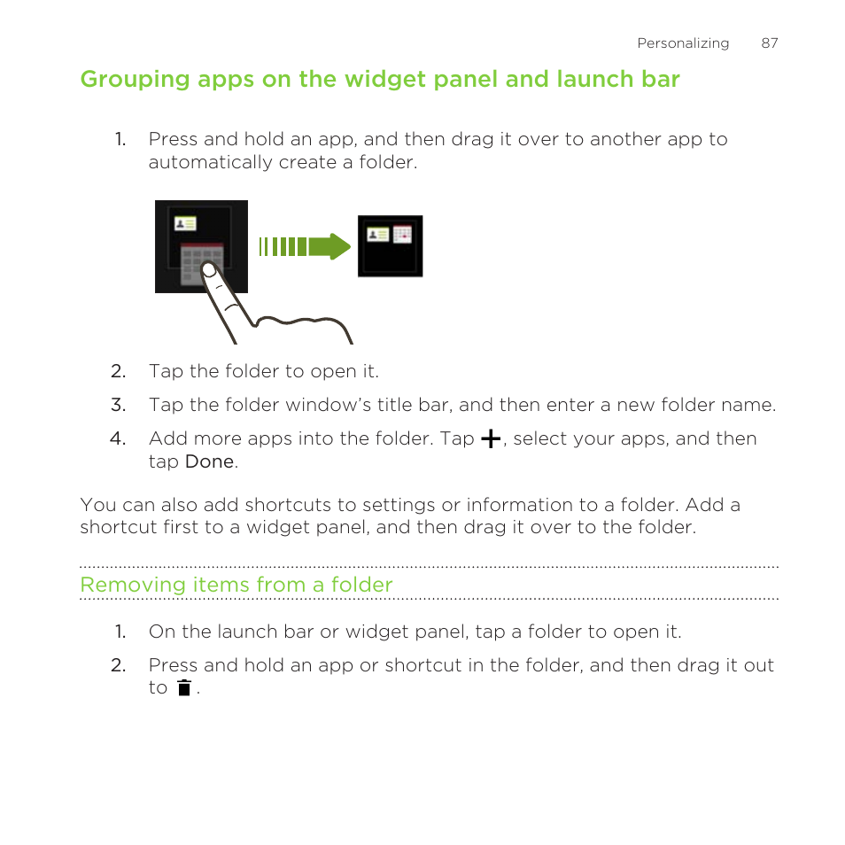 Grouping apps on the widget panel and launch bar, Removing items from a folder | HTC One Remix User Manual | Page 87 / 285