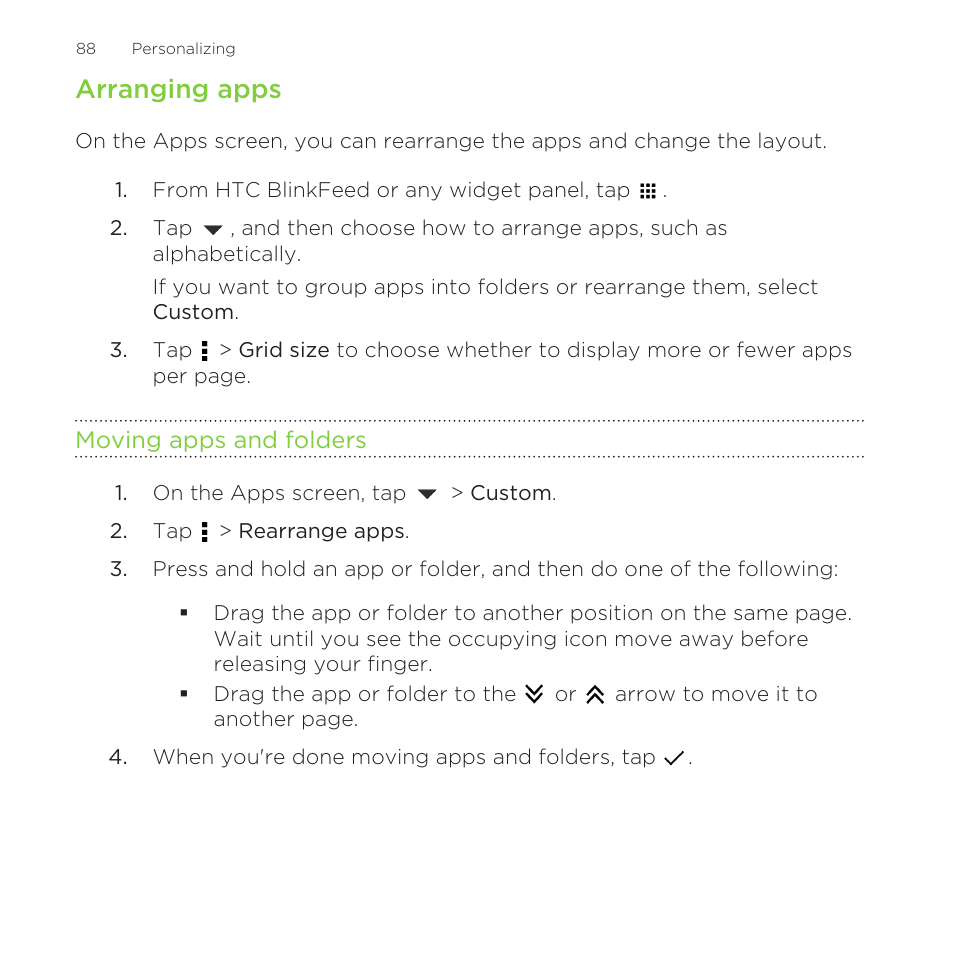 Arranging apps, Moving apps and folders | HTC One Remix User Manual | Page 88 / 285