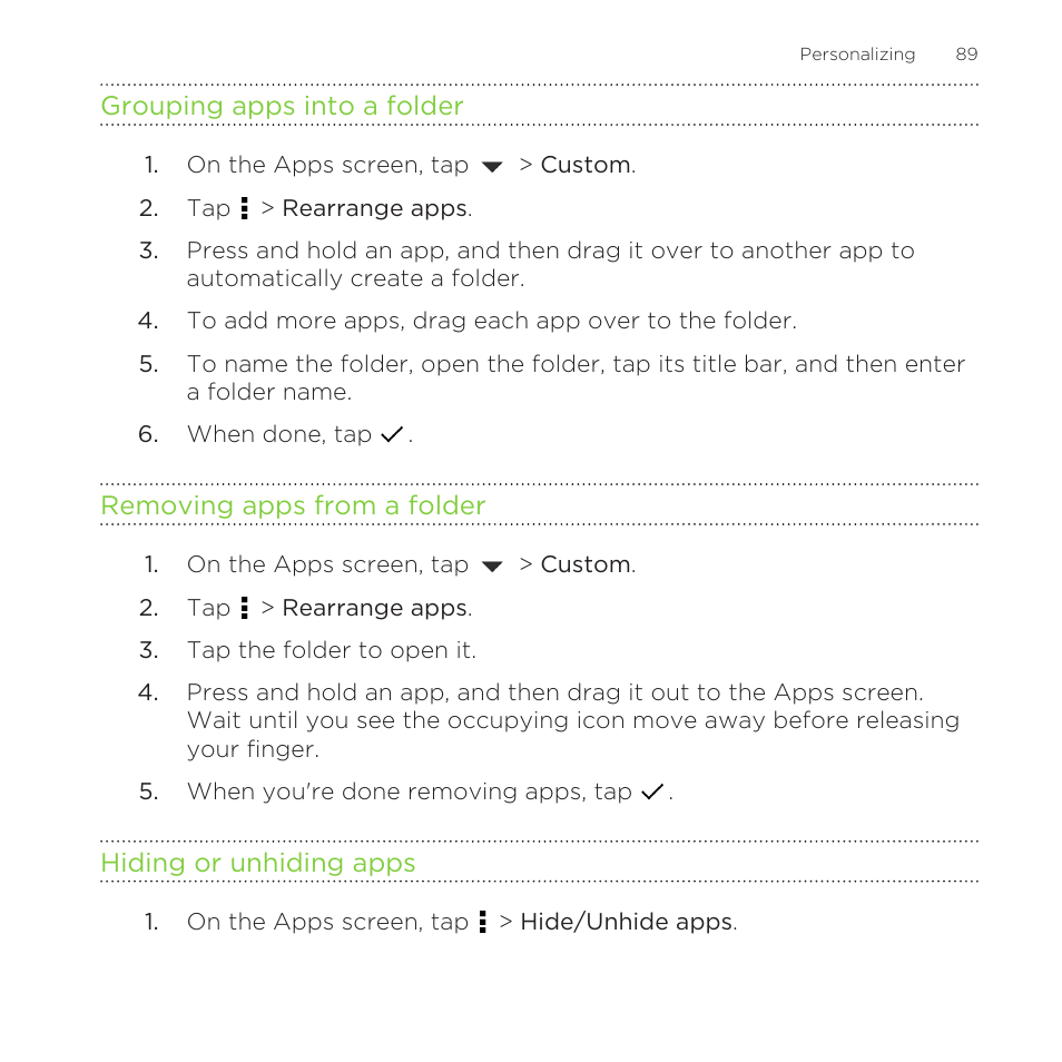 Grouping apps into a folder, Removing apps from a folder, Hiding or unhiding apps | HTC One Remix User Manual | Page 89 / 285