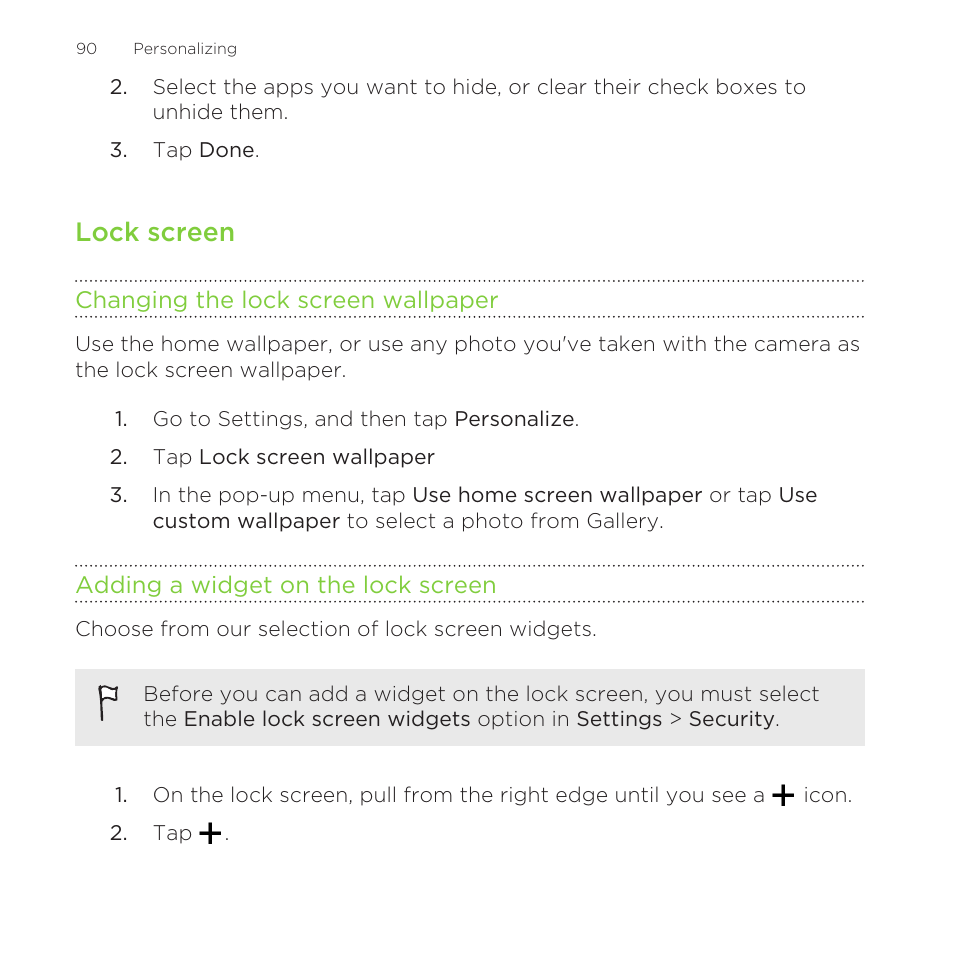 Lock screen, Changing the lock screen wallpaper, Adding a widget on the lock screen | HTC One Remix User Manual | Page 90 / 285
