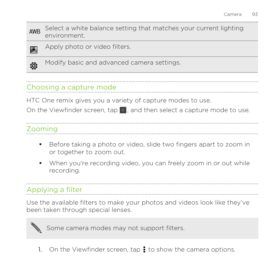 Choosing a capture mode, Zooming, Applying a filter | HTC One Remix User Manual | Page 93 / 285