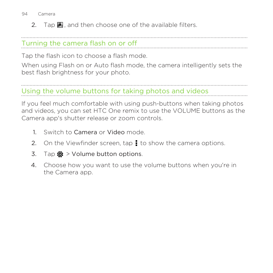 Turning the camera flash on or off | HTC One Remix User Manual | Page 94 / 285