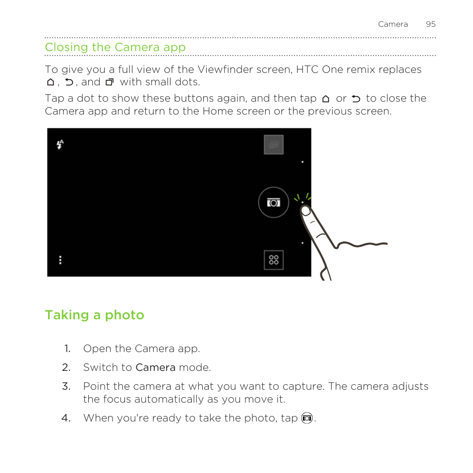 Closing the camera app, Taking a photo | HTC One Remix User Manual | Page 95 / 285