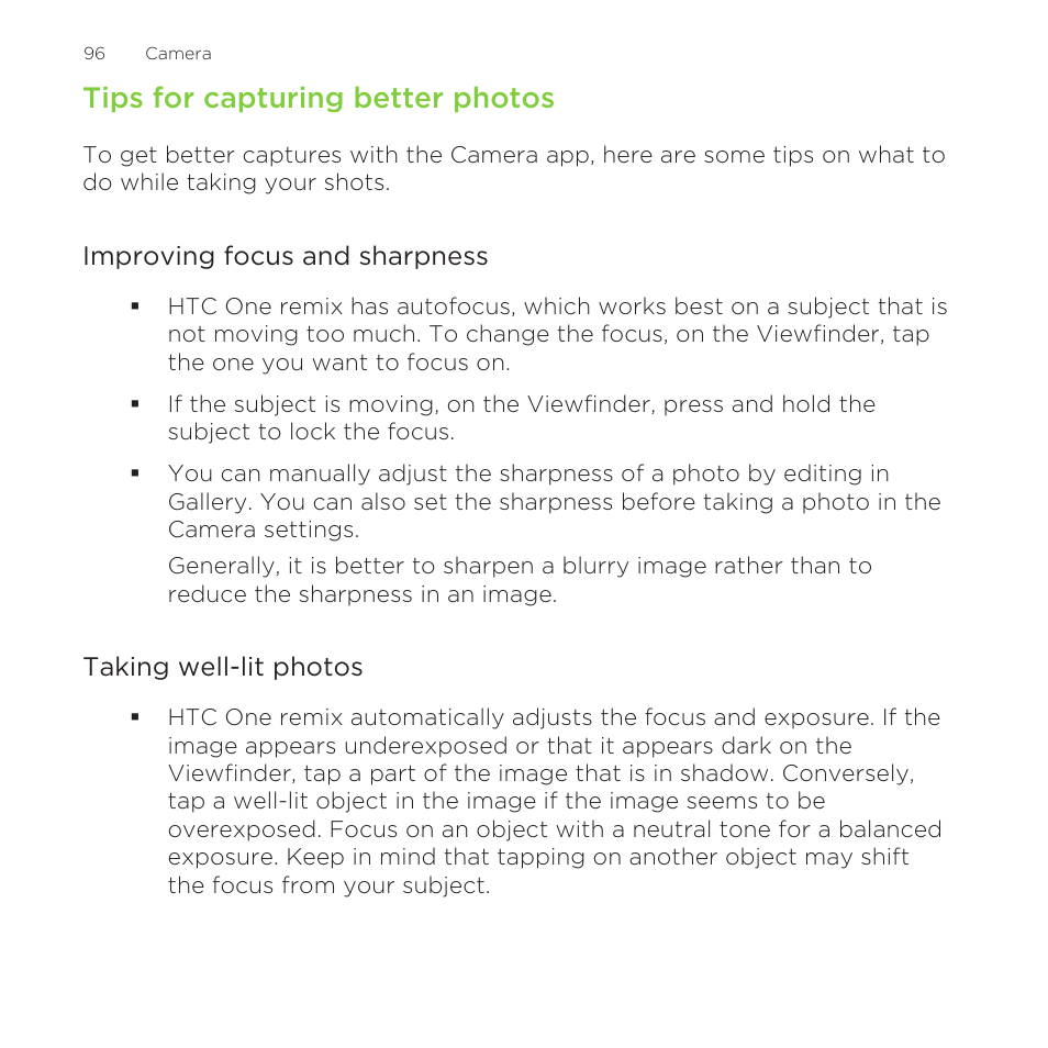 Tips for capturing better photos | HTC One Remix User Manual | Page 96 / 285