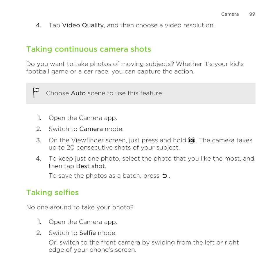 Taking continuous camera shots, Taking selfies | HTC One Remix User Manual | Page 99 / 285