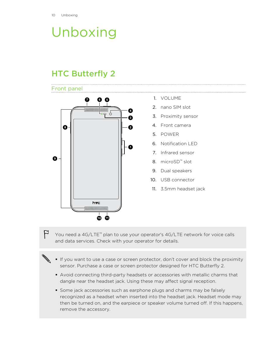 Unboxing, Htc butterfly 2, Front panel | HTC Butterfly 2 User Manual | Page 10 / 216