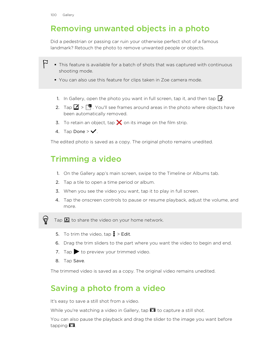 Removing unwanted objects in a photo, Trimming a video, Saving a photo from a video | HTC Butterfly 2 User Manual | Page 100 / 216