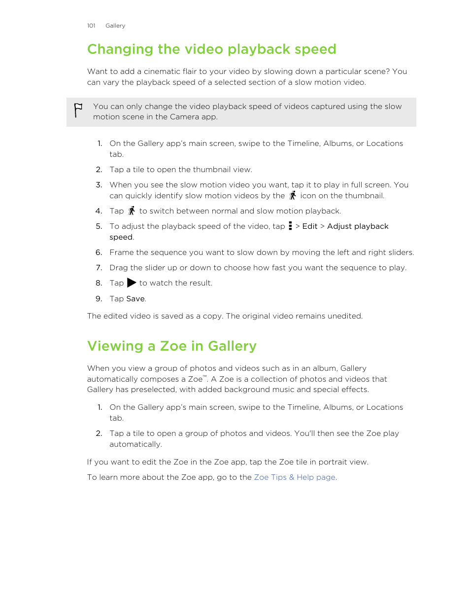 Changing the video playback speed, Viewing a zoe in gallery | HTC Butterfly 2 User Manual | Page 101 / 216