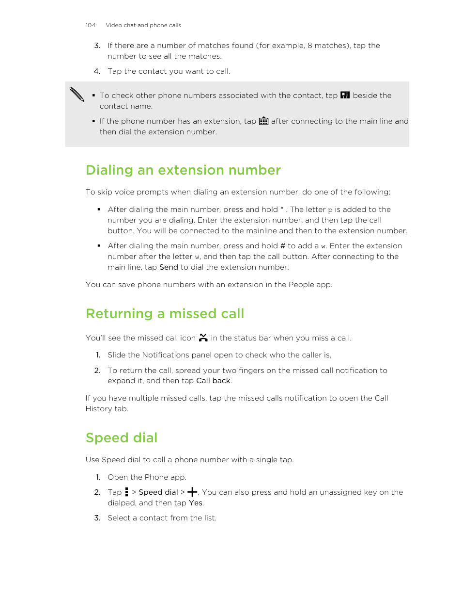 Dialing an extension number, Returning a missed call, Speed dial | HTC Butterfly 2 User Manual | Page 104 / 216