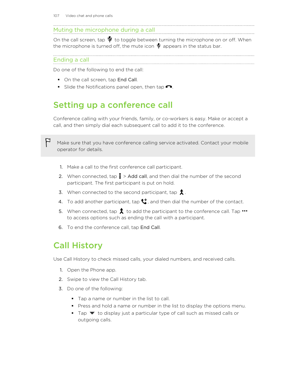 Muting the microphone during a call, Ending a call, Setting up a conference call | Call history | HTC Butterfly 2 User Manual | Page 107 / 216