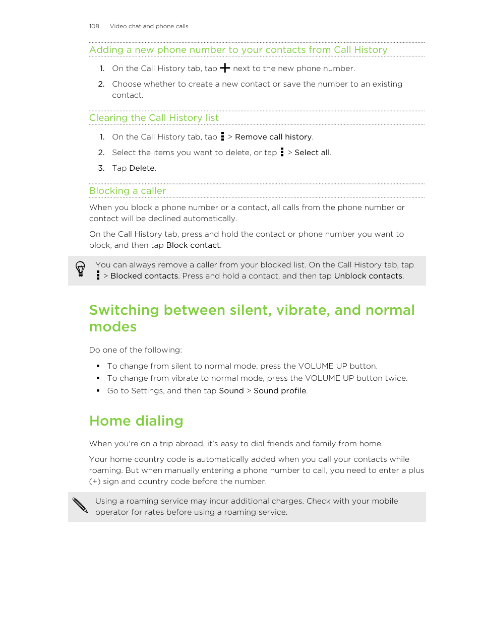 Clearing the call history list, Blocking a caller, Home dialing | HTC Butterfly 2 User Manual | Page 108 / 216