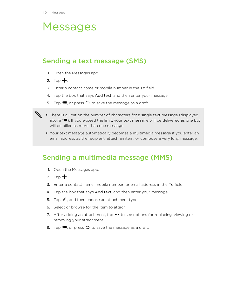 Messages, Sending a text message (sms), Sending a multimedia message (mms) | HTC Butterfly 2 User Manual | Page 110 / 216