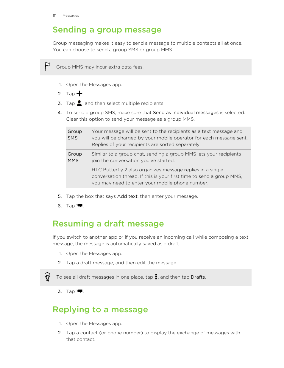 Sending a group message, Resuming a draft message, Replying to a message | HTC Butterfly 2 User Manual | Page 111 / 216