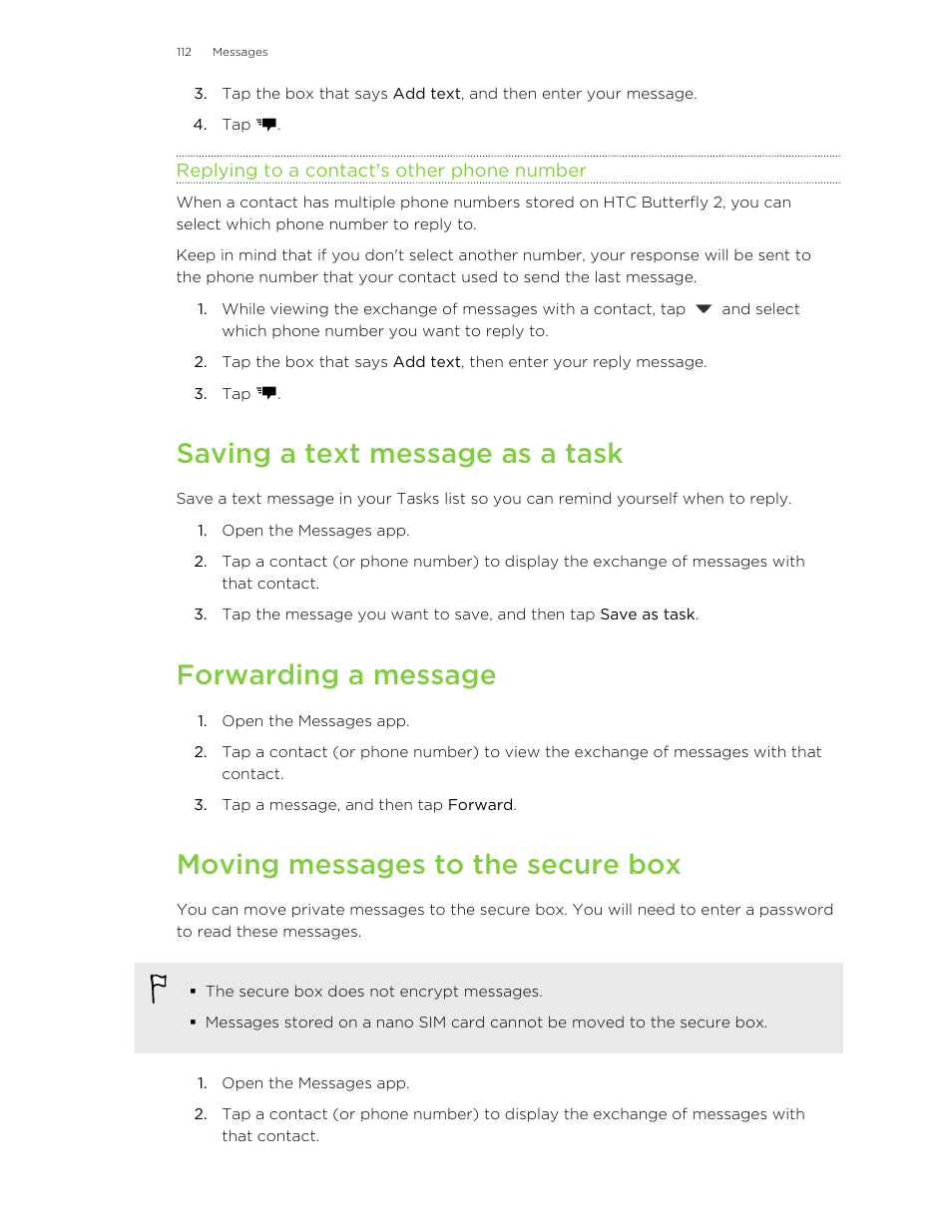 Replying to a contact's other phone number, Saving a text message as a task, Forwarding a message | Moving messages to the secure box | HTC Butterfly 2 User Manual | Page 112 / 216