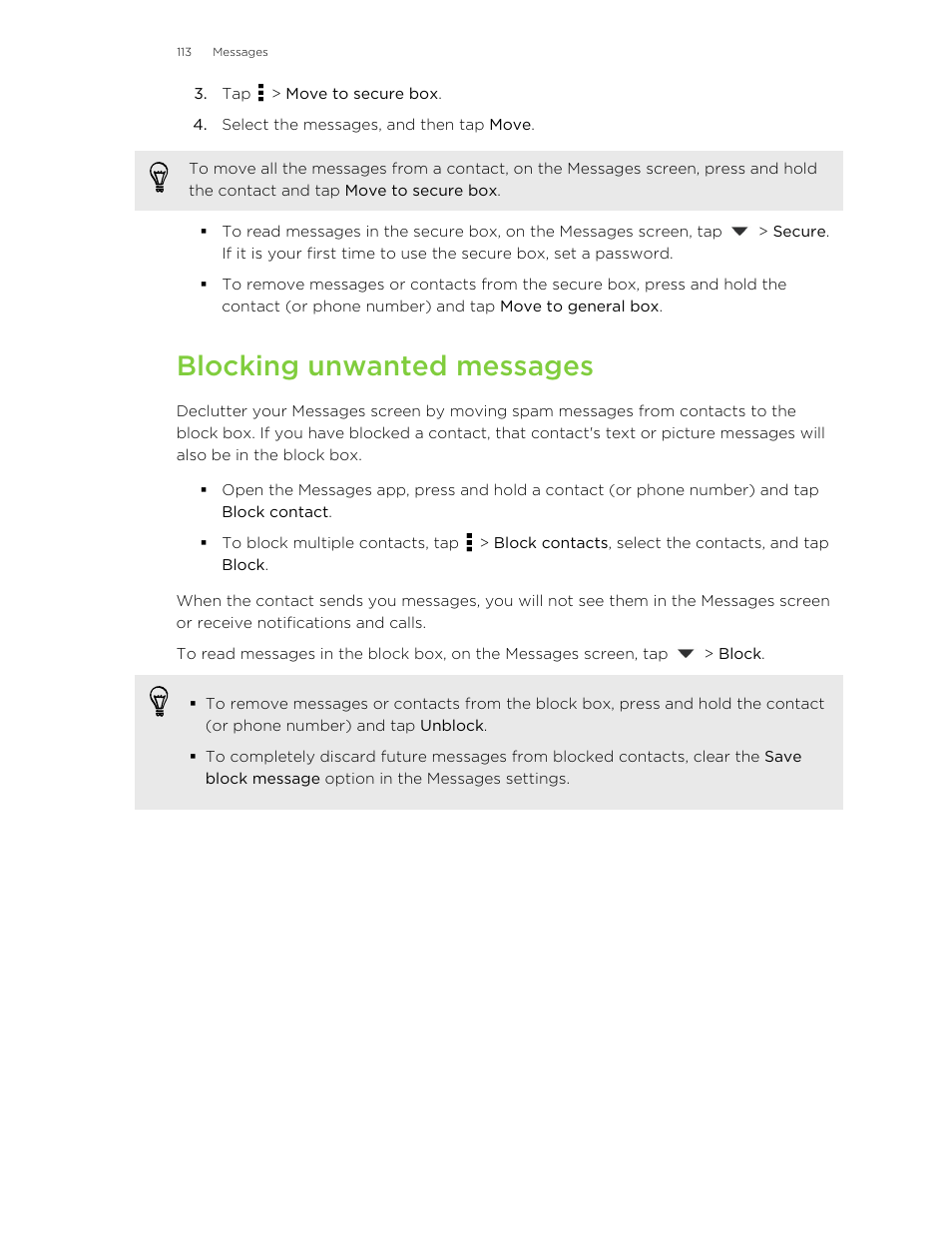 Blocking unwanted messages | HTC Butterfly 2 User Manual | Page 113 / 216