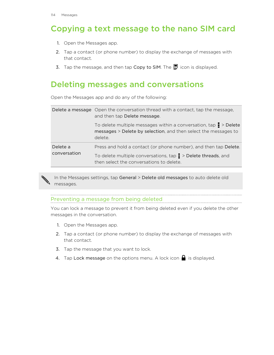 Copying a text message to the nano sim card, Deleting messages and conversations, Preventing a message from being deleted | HTC Butterfly 2 User Manual | Page 114 / 216