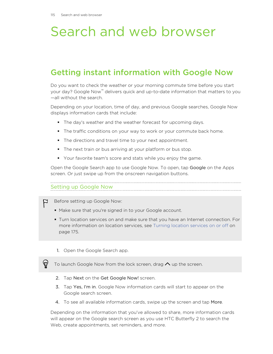 Search and web browser, Getting instant information with google now, Setting up google now | HTC Butterfly 2 User Manual | Page 115 / 216