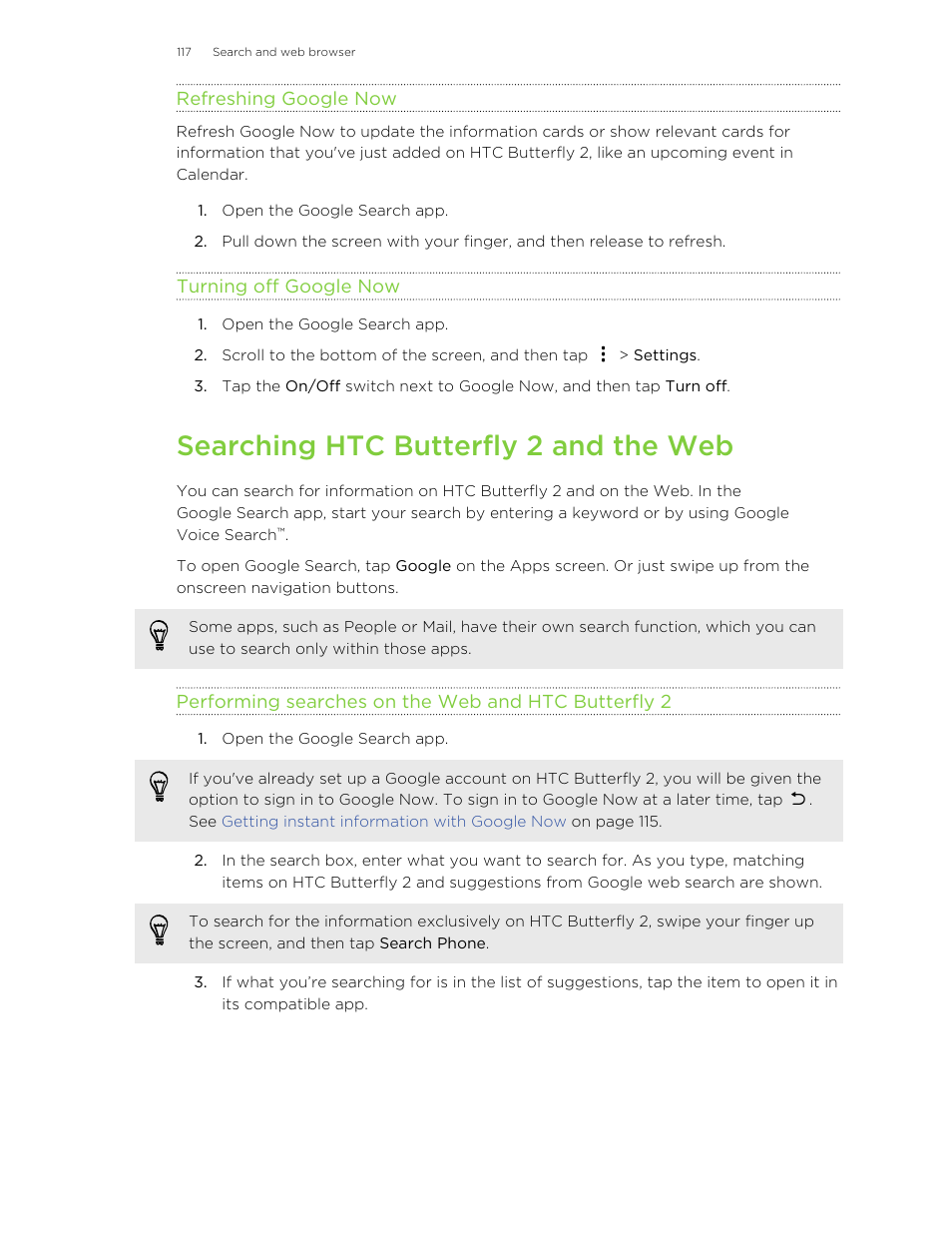 Refreshing google now, Turning off google now, Searching htc butterfly 2 and the web | Performing searches on the web and htc butterfly 2 | HTC Butterfly 2 User Manual | Page 117 / 216