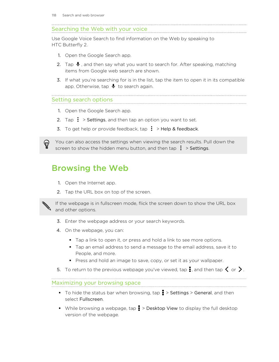 Searching the web with your voice, Setting search options, Browsing the web | Maximizing your browsing space | HTC Butterfly 2 User Manual | Page 118 / 216