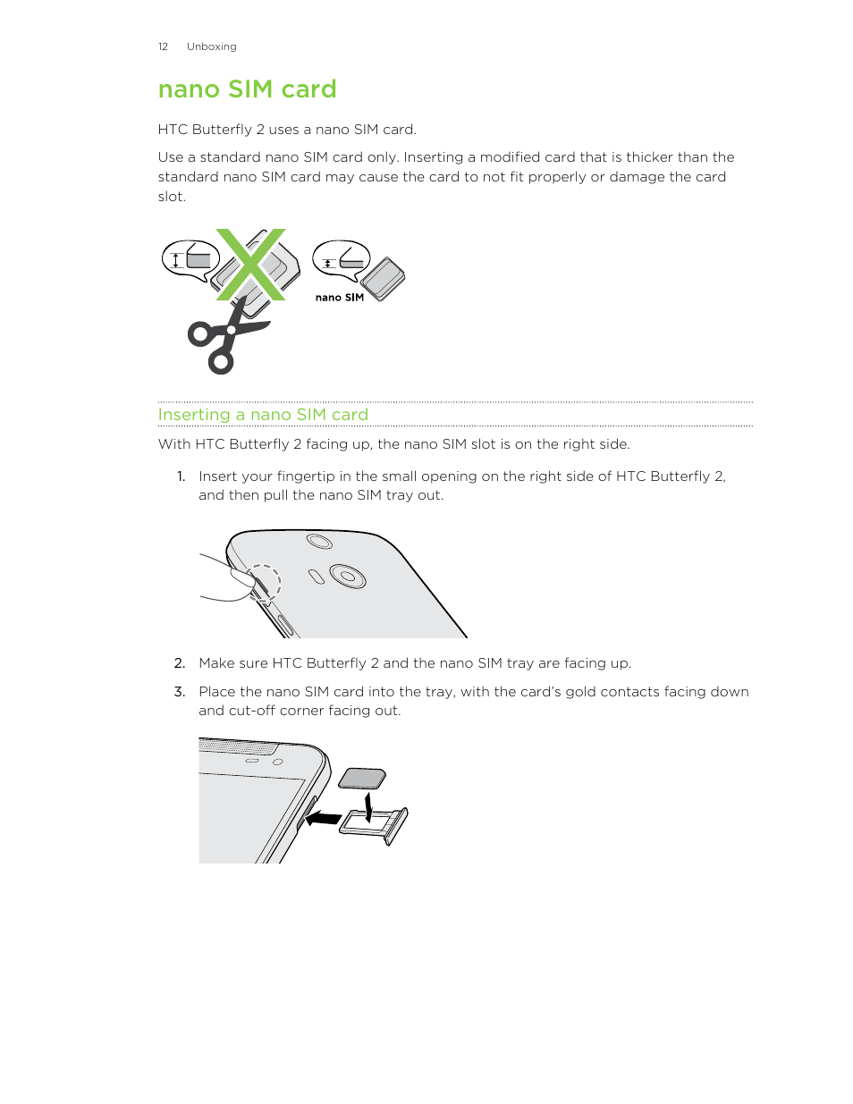 Nano sim card, Inserting a nano sim card | HTC Butterfly 2 User Manual | Page 12 / 216