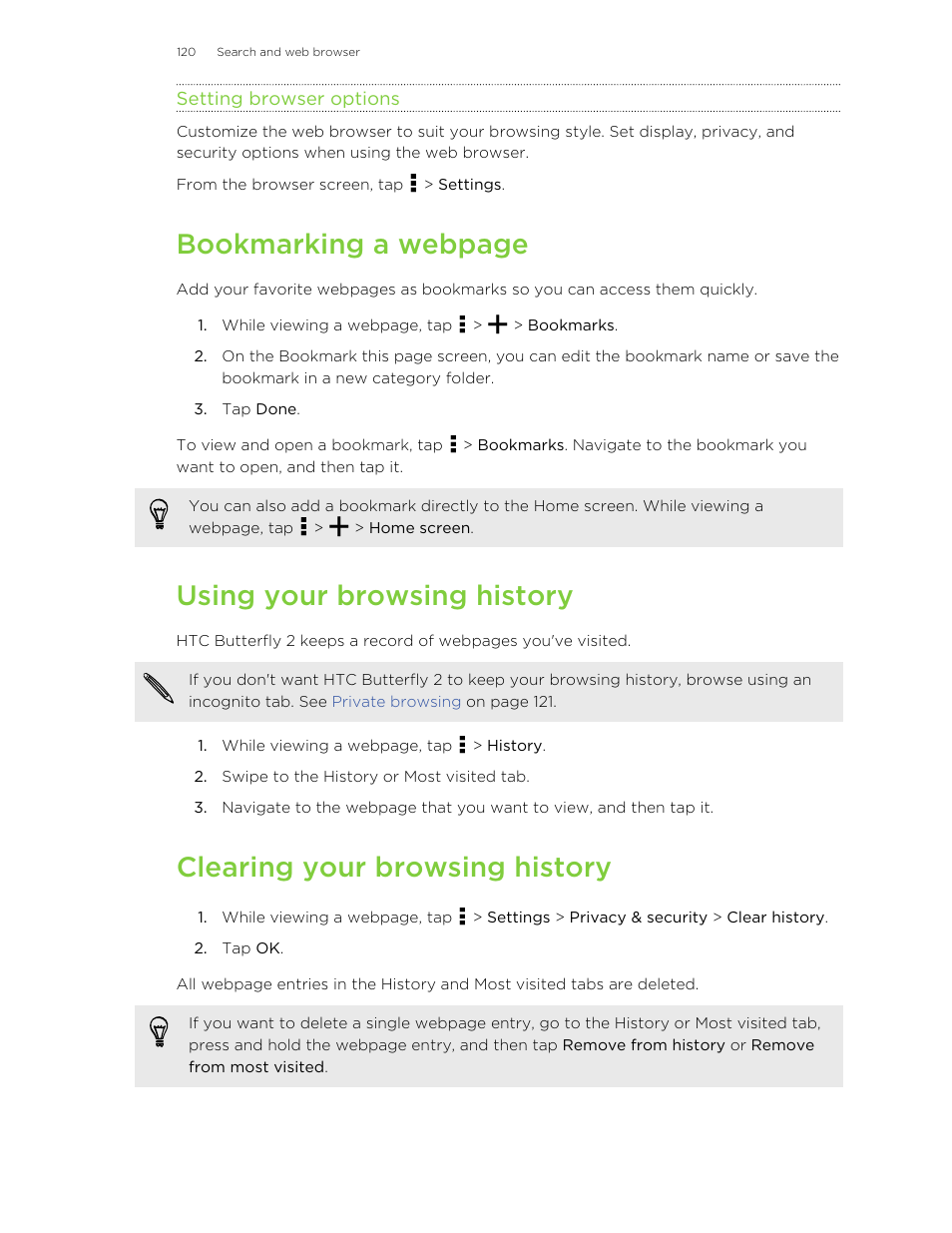 Setting browser options, Using your browsing history, Clearing your browsing history | Bookmarking a webpage | HTC Butterfly 2 User Manual | Page 120 / 216