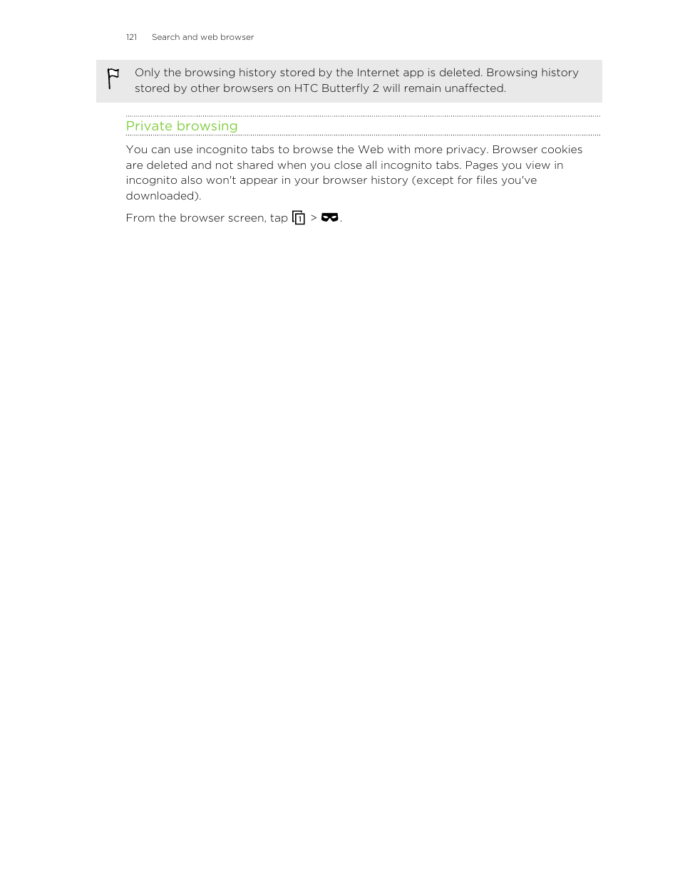 Private browsing | HTC Butterfly 2 User Manual | Page 121 / 216