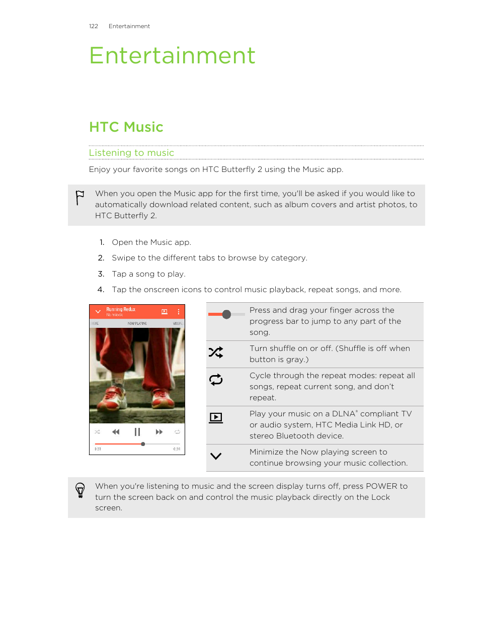 Entertainment, Htc music, Listening to music | HTC Butterfly 2 User Manual | Page 122 / 216