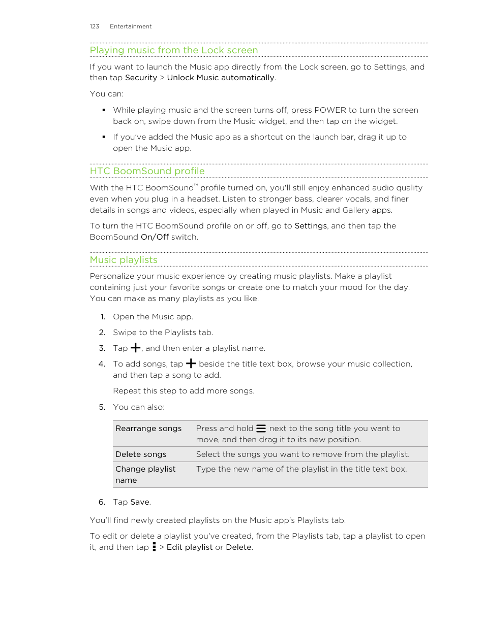 Playing music from the lock screen, Htc boomsound profile, Music playlists | HTC Butterfly 2 User Manual | Page 123 / 216