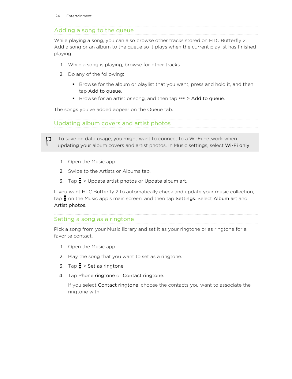 Adding a song to the queue, Updating album covers and artist photos, Setting a song as a ringtone | HTC Butterfly 2 User Manual | Page 124 / 216