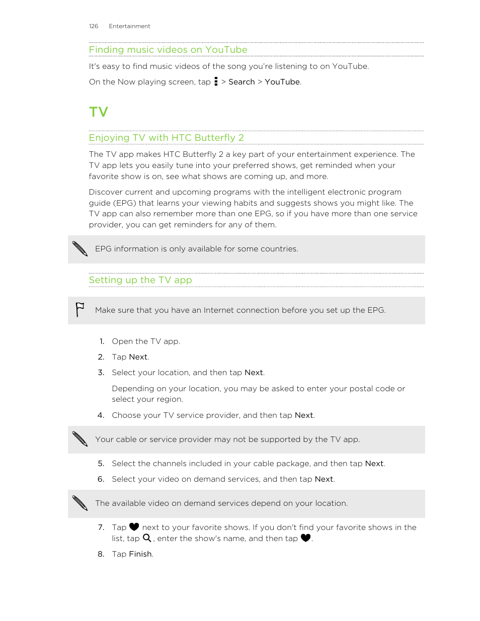 Finding music videos on youtube, Enjoying tv with htc butterfly 2, Setting up the tv app | HTC Butterfly 2 User Manual | Page 126 / 216