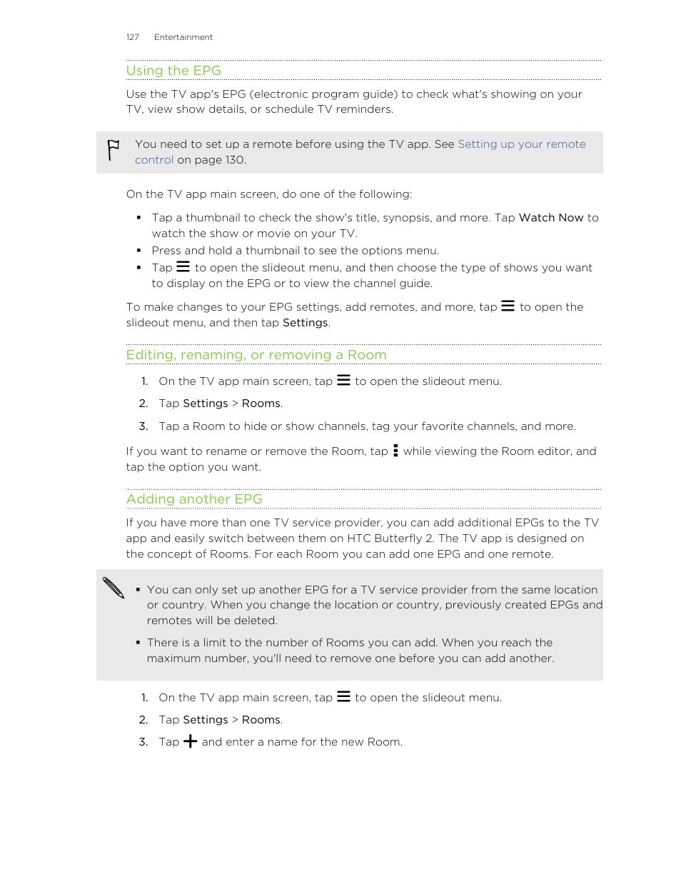 Using the epg, Editing, renaming, or removing a room, Adding another epg | HTC Butterfly 2 User Manual | Page 127 / 216