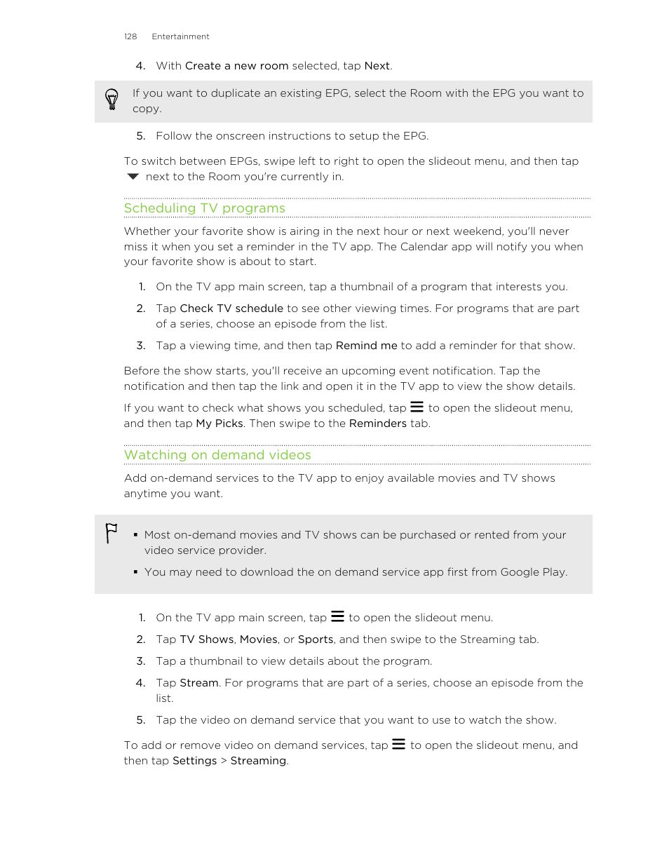 Scheduling tv programs, Watching on demand videos | HTC Butterfly 2 User Manual | Page 128 / 216