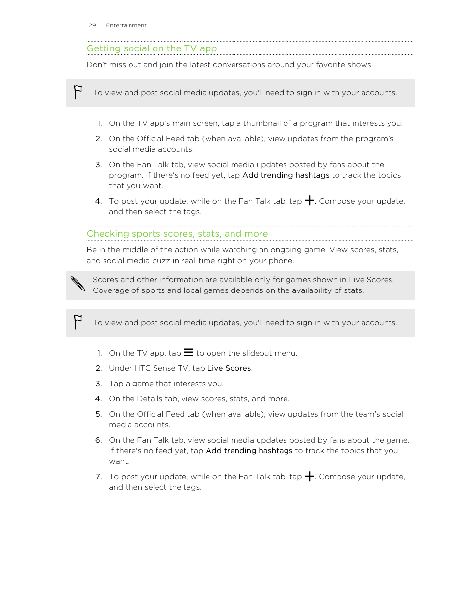 Getting social on the tv app, Checking sports scores, stats, and more | HTC Butterfly 2 User Manual | Page 129 / 216