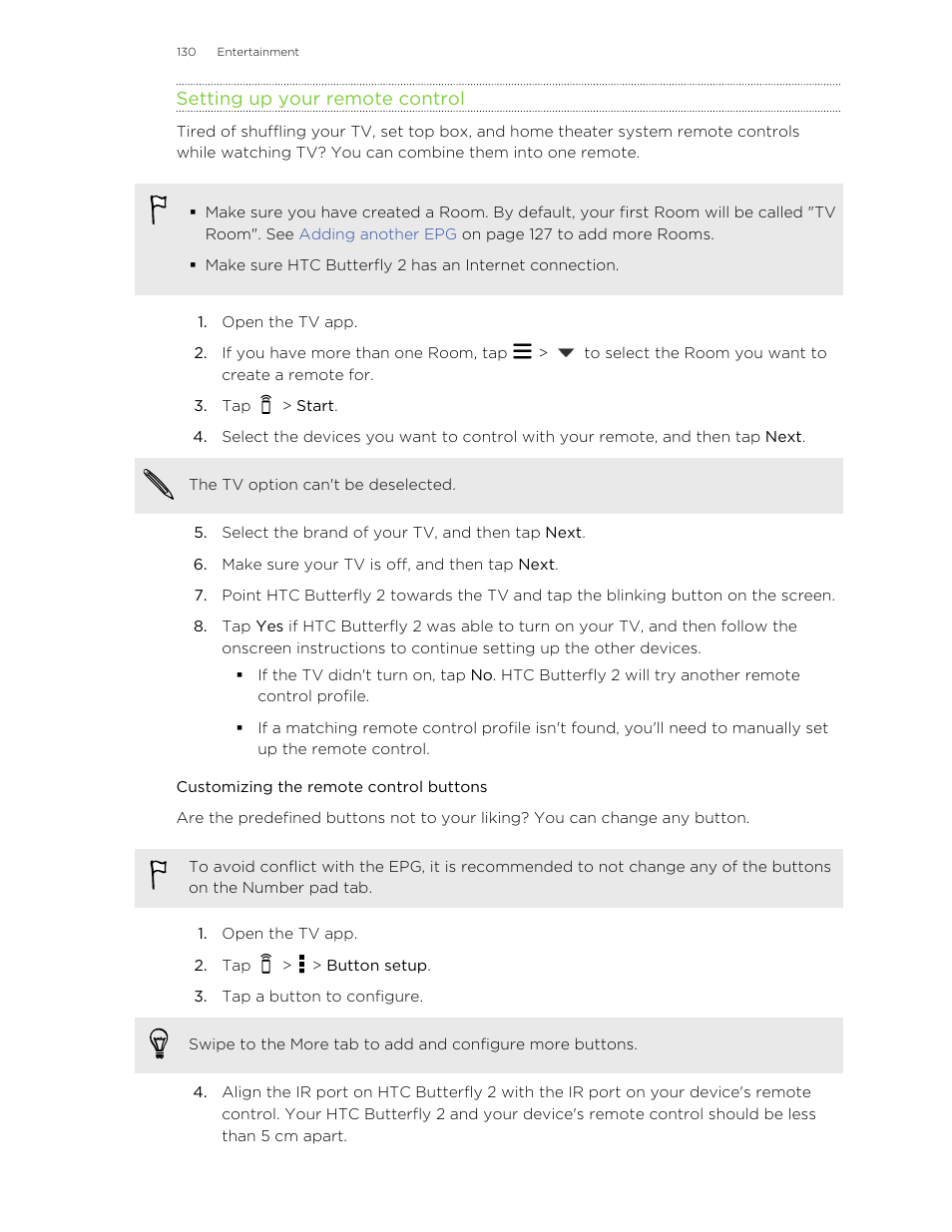 Setting up your remote control, Customizing the remote control buttons | HTC Butterfly 2 User Manual | Page 130 / 216