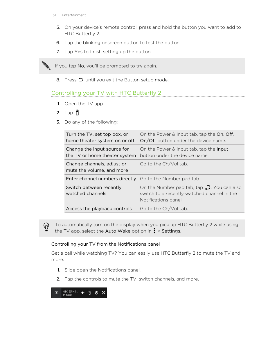 Controlling your tv with htc butterfly 2, Controlling your tv from the notifications panel | HTC Butterfly 2 User Manual | Page 131 / 216